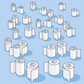 Many small toilet paper rolls and paper