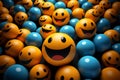 many smiley faces with blue and orange balls