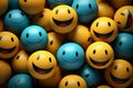 many smiley faces with blue and yellow balls