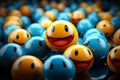 many smiley faces with blue and yellow balls on a black background