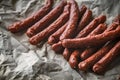 Many smoked sausage Chorizo on a background of paper