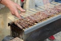 many smoked skewers and the hand of cook