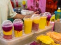 Many smoothie and drinks in plastic cups in Jalan Alor street food in the Kuala Lumpur Royalty Free Stock Photo