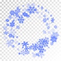 Many snowflakes confetti scatter frame, snow elements. Cold weather winter symbols.