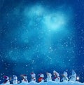 Many snowmen snowmen go in winter Christmas landscape Royalty Free Stock Photo