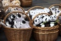 many soft toys in wicker baskets of panda, owl, monkey, camels, Royalty Free Stock Photo