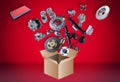 Many spare parts flying out of the box Royalty Free Stock Photo