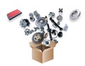Many spare parts flying out of the box Royalty Free Stock Photo