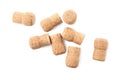 Many sparkling wine corks on white background, top view Royalty Free Stock Photo