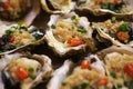 Many spicy grilled oysters background