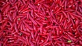 Many spicy red chillies are sold in the market. Top view