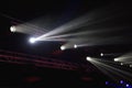 many spotlights shining on stage above