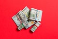 Many Stack of 100 dollar bills. Isolated on colored background top wiev with copy space Royalty Free Stock Photo