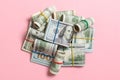 Many Stack of 100 dollar bills. Isolated on colored background top wiev with copy space Royalty Free Stock Photo