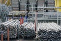 Many stack of steel scaffold stuffs at warehouse Royalty Free Stock Photo