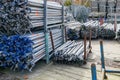 Many stack of steel scaffold stuffs at warehouse Royalty Free Stock Photo