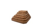 Many stacked carton pizza boxes of different sizes, restaurant delivery packging concept
