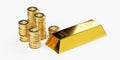 Many stacks of gold money coins and single gold bar, ingot or bullion over white background, wealth, savings or finance concept Royalty Free Stock Photo