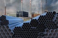 Many steel pipes stacked. Metallurgy industry concept. 3D rendered illustration. Royalty Free Stock Photo