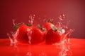 many strawberries on red background splashing in water generative AI Royalty Free Stock Photo