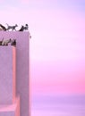 Many stray cats walking on the roof of pink building on a background of pink and purple sunset. Vertical illustration with copy