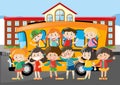 Many students riding on schoolbus to school