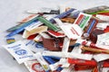 Many sugar sachets of cafes and restaurants from different countries. Illustrative editorial photo collection packets.