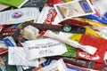 Many sugar sachets of cafes and restaurants from different countries. Illustrative editorial photo collection packets.