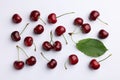 Many sweet ripe cherries on white background, flat lay Royalty Free Stock Photo