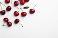 Many sweet ripe cherries on white background, flat lay. Space for text Royalty Free Stock Photo