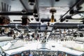 Many switches on aircraft cockpit ceiling. Royalty Free Stock Photo