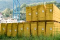 Many tall stacks of yellow shawl panels or baords used in the construction industry when building with concrete