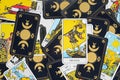 Many tarot cards as background, top view