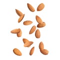 Many tasty almonds falling on white background