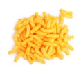 Many tasty cheesy corn puffs isolated on white, top view Royalty Free Stock Photo