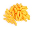 Many tasty cheesy corn puffs isolated on white, top view Royalty Free Stock Photo
