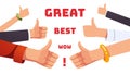 Many thumbs up gesturing hands. Positive feedback