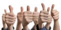Many thumbs up on white background. Success and consent concept Royalty Free Stock Photo