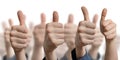 Many thumbs up on white background. Success and consent concept