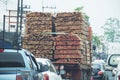 Many Timber on truck. wood logs transportation. Royalty Free Stock Photo