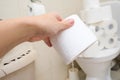 Many toilet paper rolls at home of hoarder, buying too much of hygienic means during pandemia, a hand holding a roll of