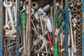 Many tools in rustic compartments toolbox. Technical machanic to Royalty Free Stock Photo