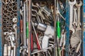 Many tools in rustic compartments toolbox. Technical machanic to Royalty Free Stock Photo