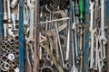 Many tools in rustic compartments toolbox. Technical machanic to Royalty Free Stock Photo