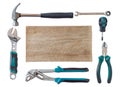 Many tools and the wood plank on white background