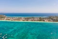 Many tourist boats near the island of Boracay. Seascape in the Philippines in sunny weather, view from above. Royalty Free Stock Photo