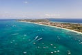 Many tourist boats near the island of Boracay. Seascape in the Philippines in sunny weather, view from above. Royalty Free Stock Photo