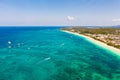 Many tourist boats near the island of Boracay. Seascape in the Philippines in sunny weather, view from above. Royalty Free Stock Photo