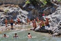 Many tourists bathed in mountain River Canyon Kuzdere, Kemer, Tu Royalty Free Stock Photo
