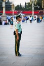 Chinese soldier around China`s Great Hall of the People at Tiananmen square. Beijing, China